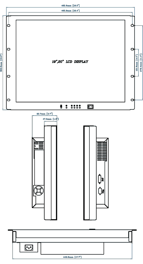 20 inch industrial rackmount LCD monitor with high contrast ratio, wide viewing angle