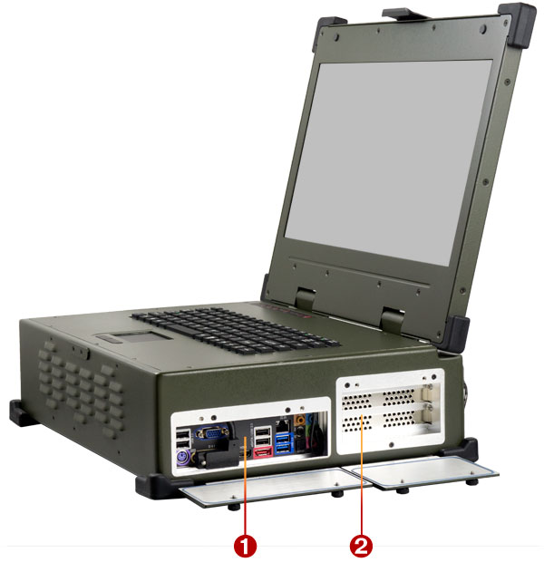 Ruggedized briefcase style portable computer with dual-core and quad-core  CP, PCI-Express expansion slot, removable disk drive, and spill-proof  illuminated keyboard. MPC-1000 product photos.