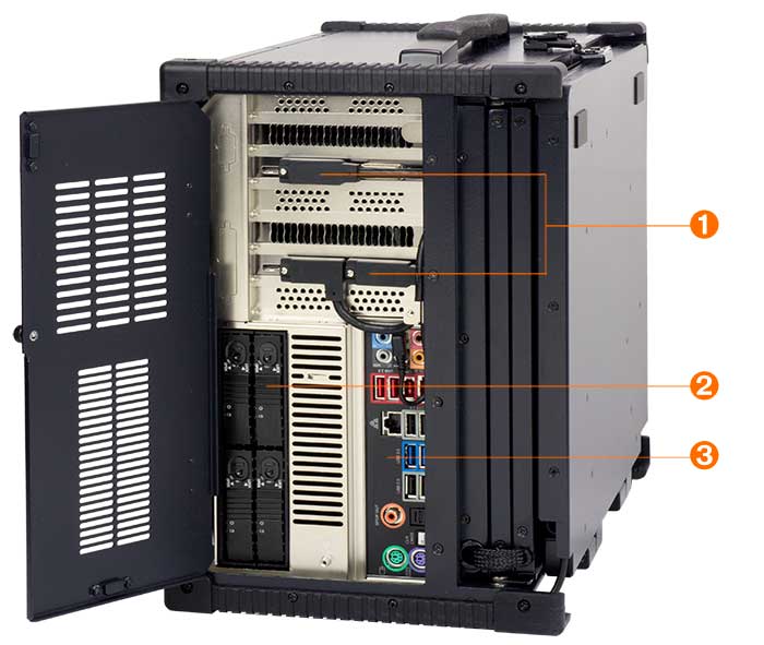 Rugged portable computer three screens. Multiple LCD PC workstation for digital forensic, e-discovery, data acquisition, product presentation.