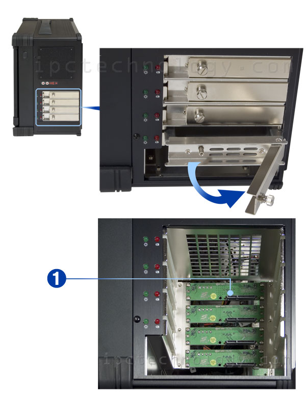 rugged lunchbox portable workstation MPC-3900 with dual processor, 20 inch UXGA LCD screen. Detail view of drive cage