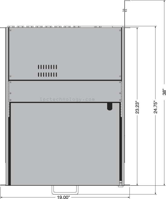 rack console KVM switch DMK590 with rackmount LCD monitor, keyboard, mouse, and 16-port KVM switch. Product mechanical drawing