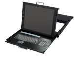 KVM console DMK590 with rackmount LCD monitor, keyboard, mouse, and 16-port KVM switch. Front side view