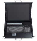 KVM console DMK590 with rackmount LCD monitor, keyboard, mouse, and 16-port KVM switch. Keyboard and KVM switch control view