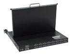 back side view of rack console with 16 port console switch and 17 inch widescreen LCD monitor