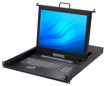 flat panel monitor console KVM switch kit with 15 inch fold-down LCD and slide-out keyboard tray