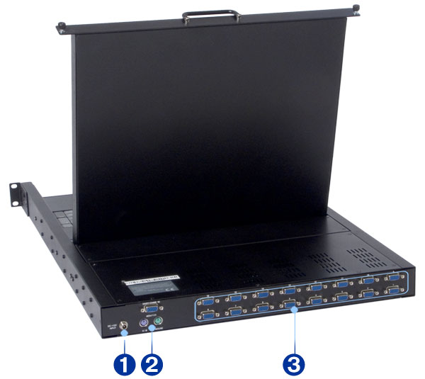 Rack LCD console drawer SMK-590S19 16-port KVM switch. 19 inch LCD monitor  with integrated 16 port keyboard video mouse switches. Flip-up LCD monitor,  slide-out keyboard tray, 16 port KVM switch. SMK-590S19 product