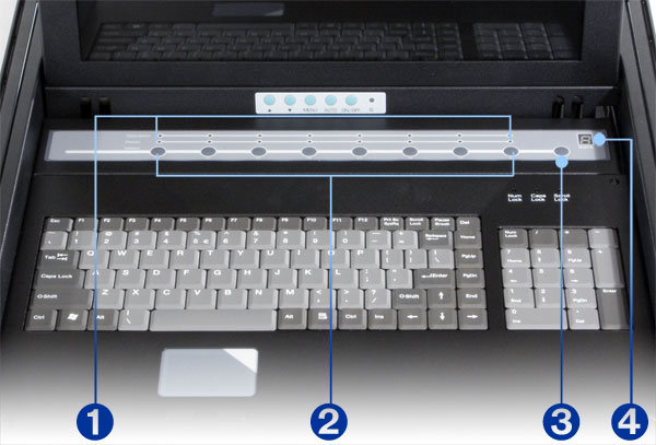 dual interface, 8-port USB and PS/2 KVM switch server LCD console SMK-980S17 keyboard view showing KVM control buttons