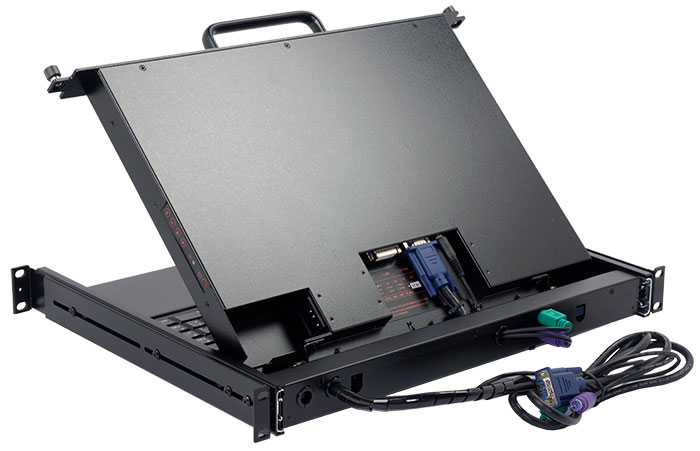 PS/2 interface LCD monitor keyboard drawer for shallow depth racks. KVM console with short frame kayboard drawer.