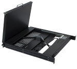 dual rail monitor keyboard rack console DMK-520 with flip-up LCD monitor and slide out keyboard drawer back side view