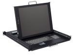 dual rail monitor keyboard rack console DMK-520 with flip-up LCD monitor and slide out keyboard drawer front side view