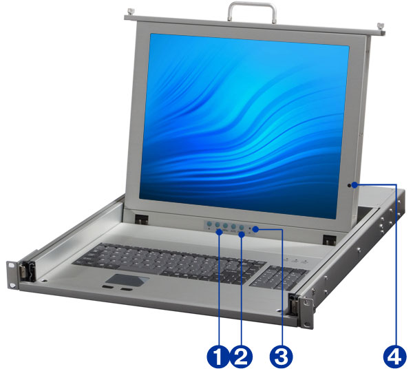 aluminum body rack LCD console with fold away LCD. The SMK-520LS17 front side details